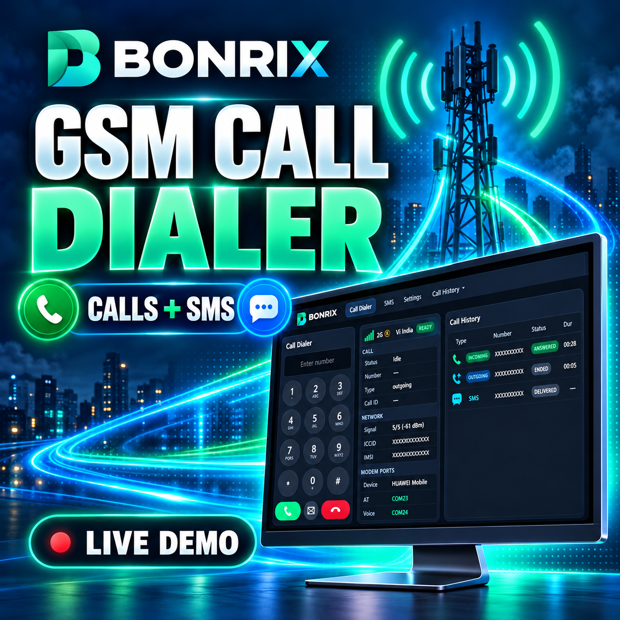 Bonrix GSM Dialer Demo | Incoming & Outgoing Calls, SMS & Call History