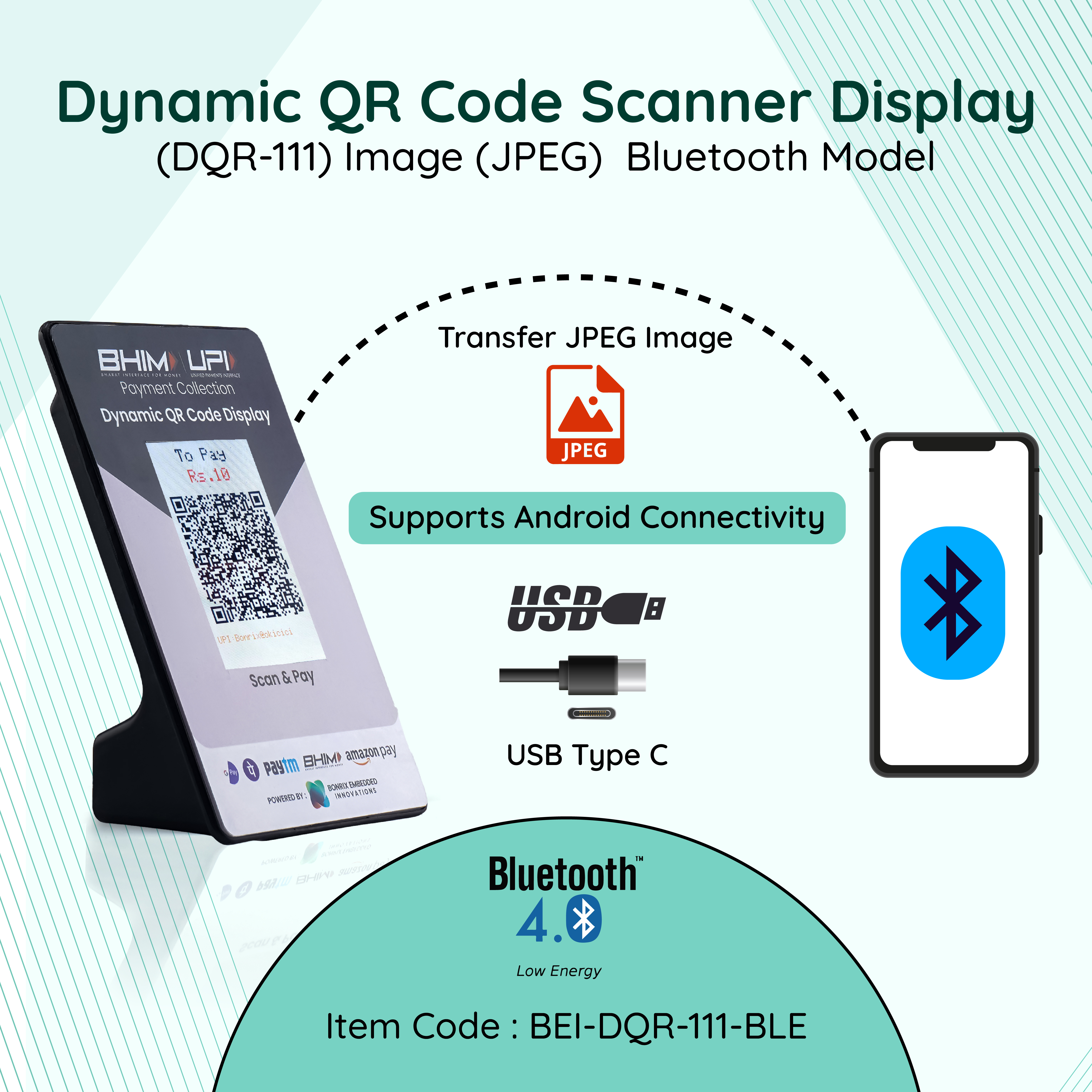 Bonrix Dynamic QR Code Scanner Display(DQR-111) Image (JPEG) Bluetooth Model