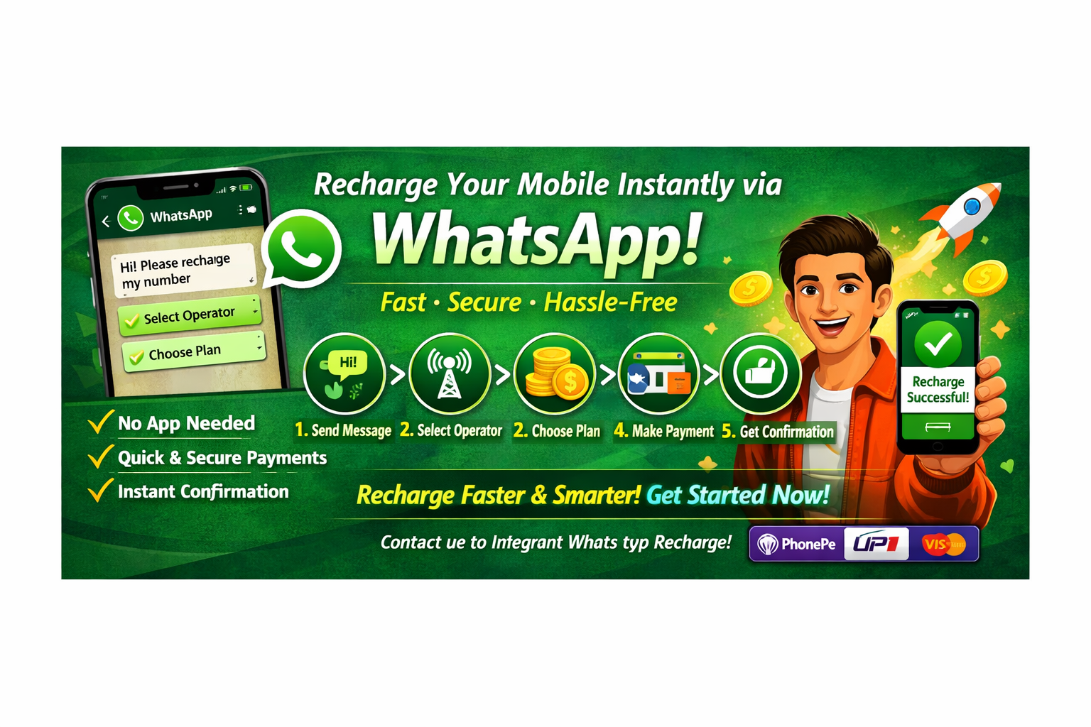 WhatsApp Mobile Recharge Flow Interface with UPI Payment