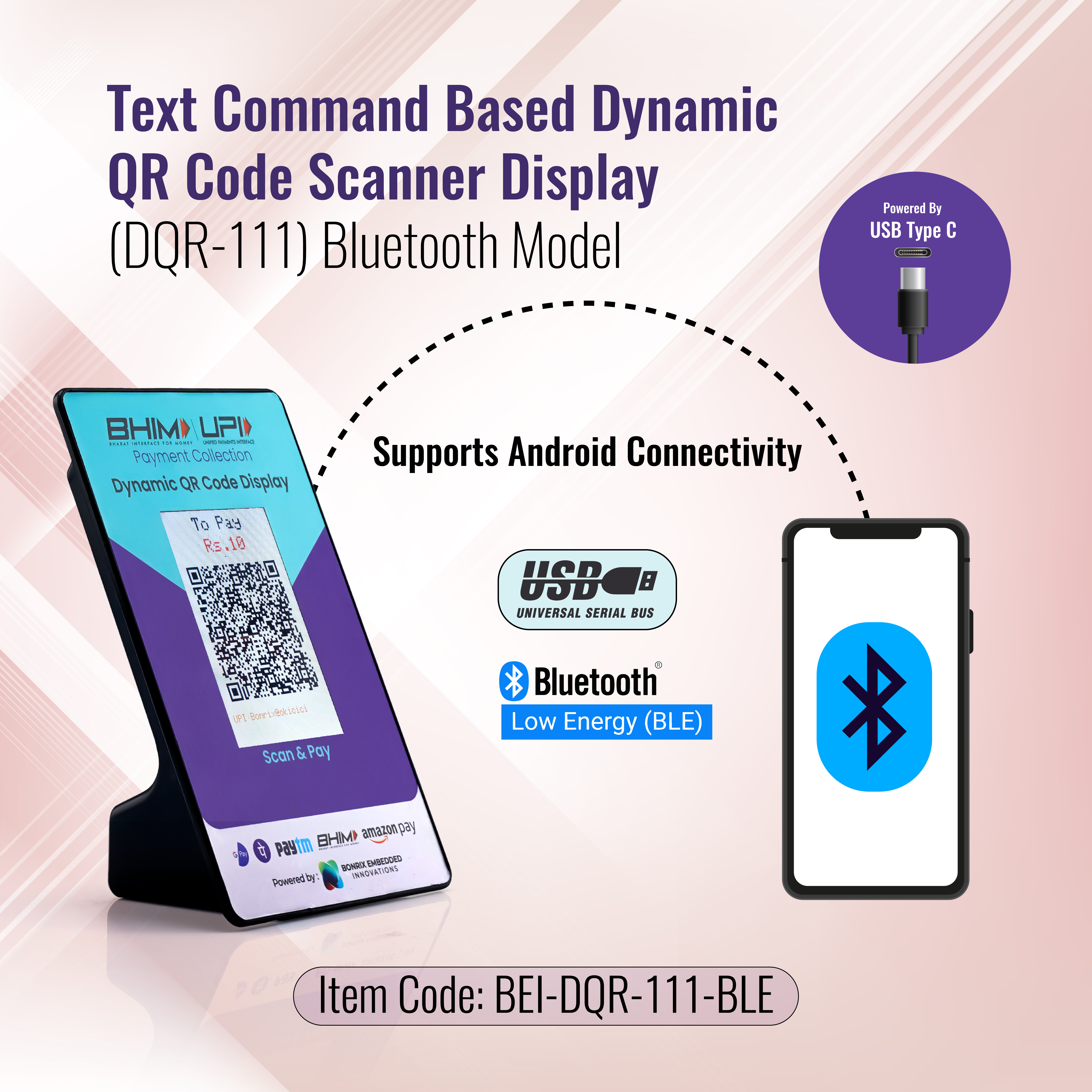 Bonrix Text Command Based Dynamic QR Code Scanner Display(DQR-111) Bluetooth Model