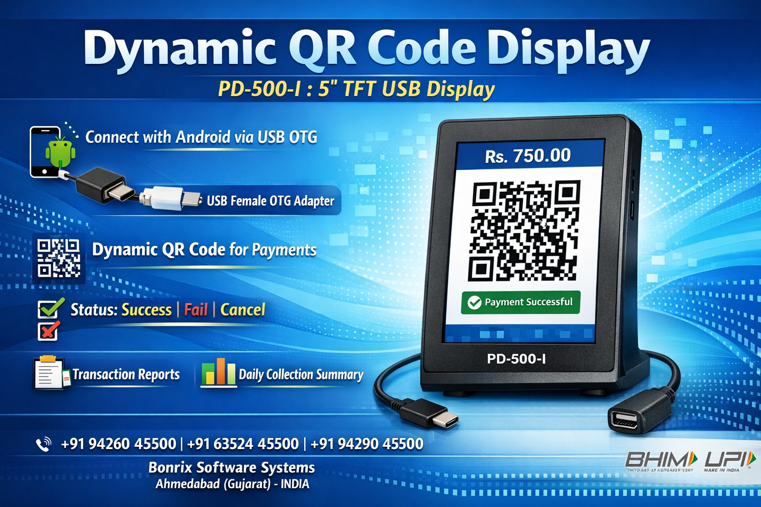 Bonrix PD-500-I Dynamic QR Display Connected to Android Phone via USB-C OTG
