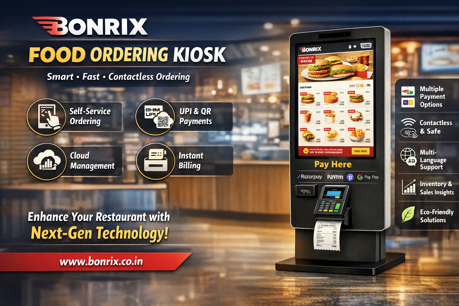Bonrix Food Ordering Self-Service Kiosk – Android Interface with UPI Payment, Receipt Options & Multi-Language Support