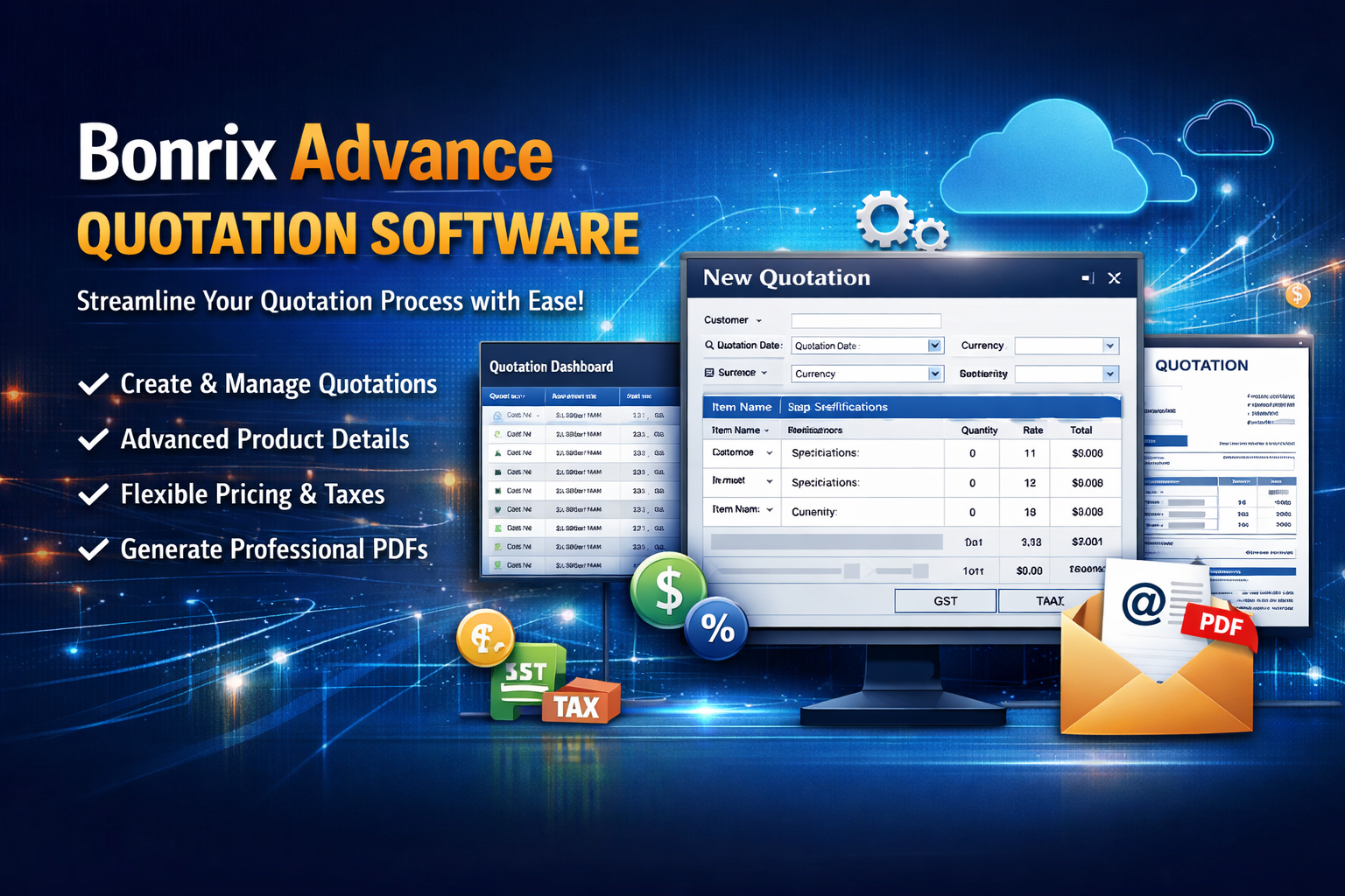 Bonrix Advance Quotation Software Dashboard – Product Management, Pricing & PDF Generation