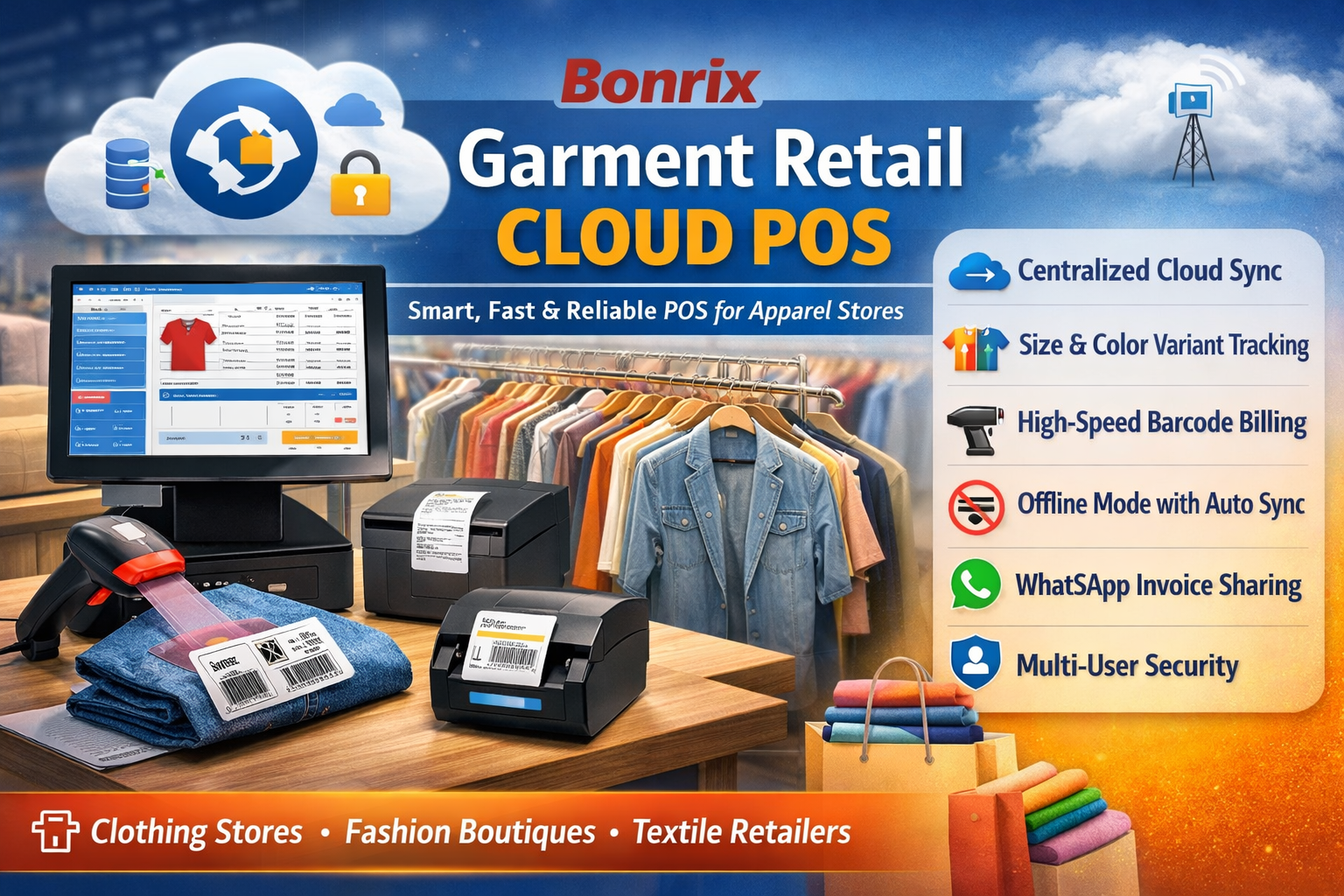 Bonrix Cloud POS for Garment Stores – Size/Color Variant Management & Barcode Billing Interface