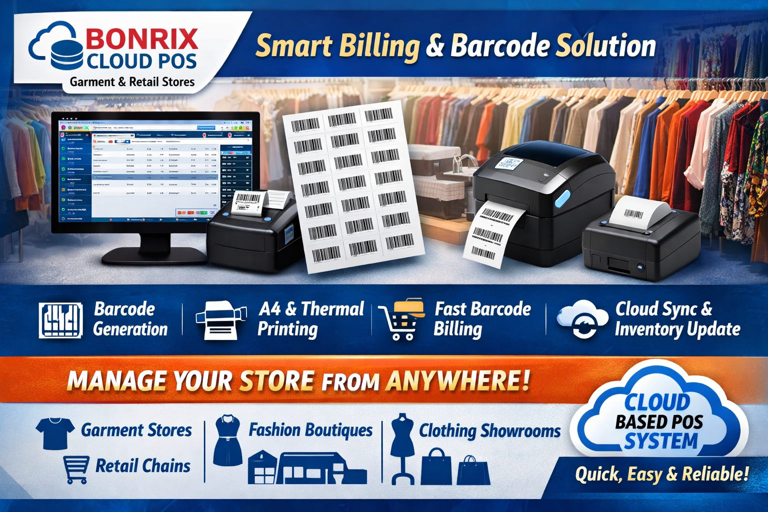 Bonrix Cloud POS for Garment Shops – Barcode Generation, A4/Thermal Printing & Fast Billing Interface