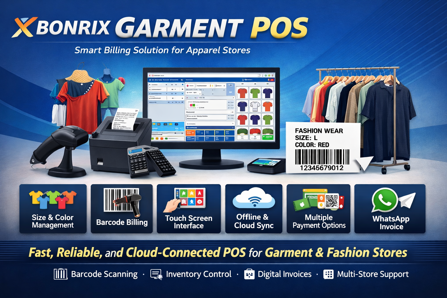 Bonrix POS Garment Shop Billing – Size/Color Variant Management, Barcode Generation & Hybrid Billing Interface