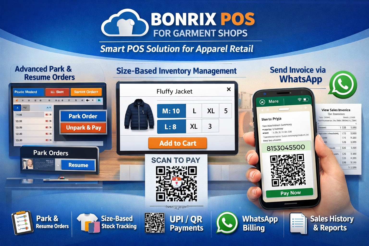 Bonrix POS for Garment Shops – Park Order Dashboard, Size Variant Selection & UPI Payment Interface