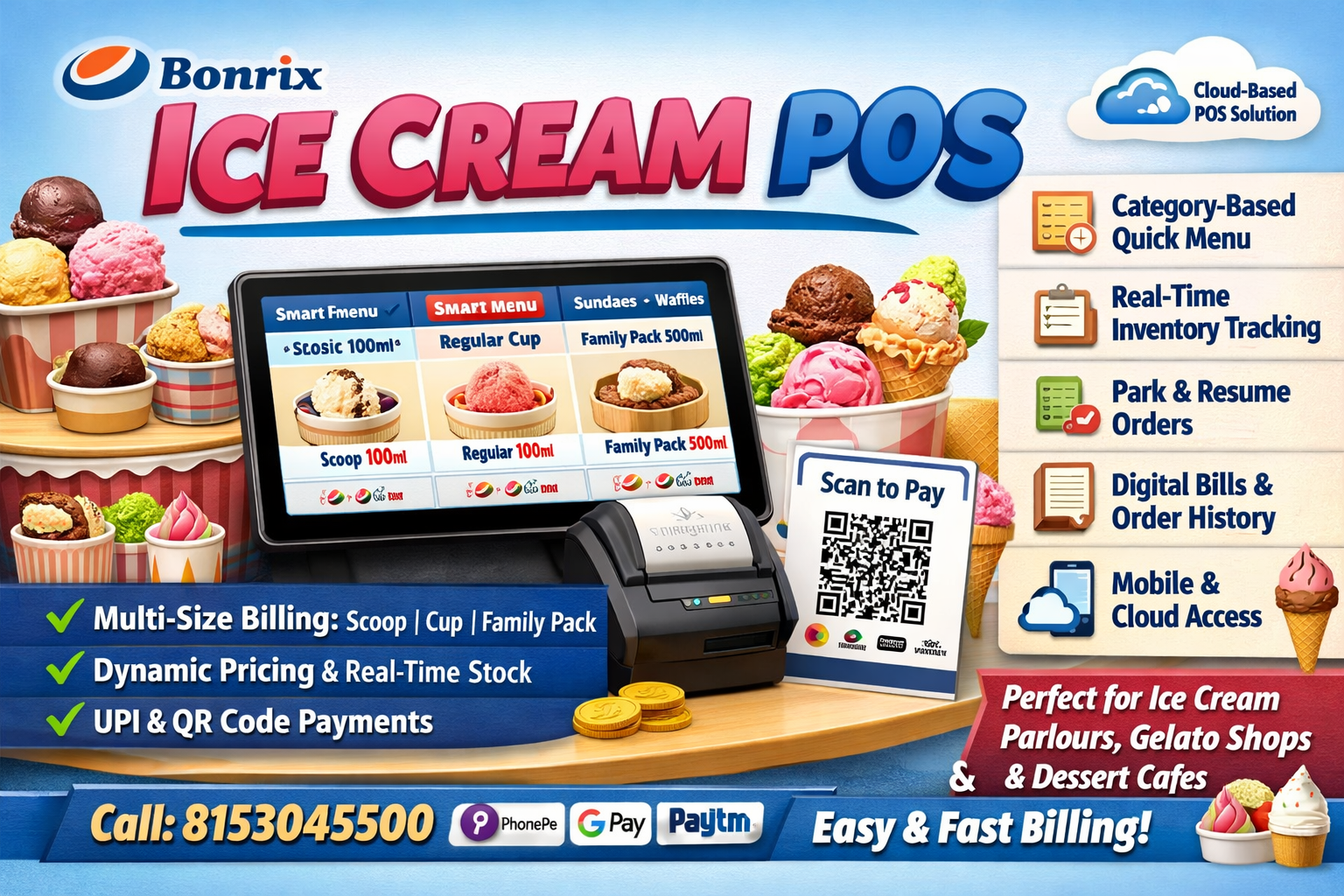 Bonrix Cloud POS for Ice Cream Shops – Multi-Variant Billing, UPI Payments & Real-Time Inventory