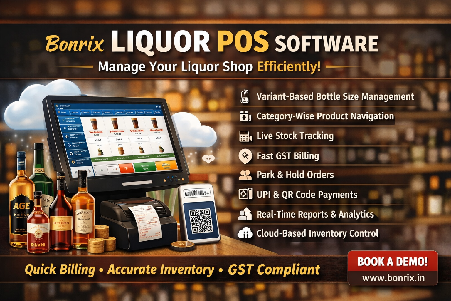 Bonrix Cloud POS for Liquor Shops – Variant Billing, GST Invoices & Real-Time Inventory
