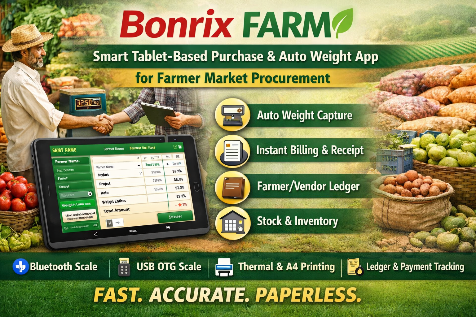 Bonrix FARM Tablet App for Auto Weight Capture and Farmer Market Wholesale Procurement
