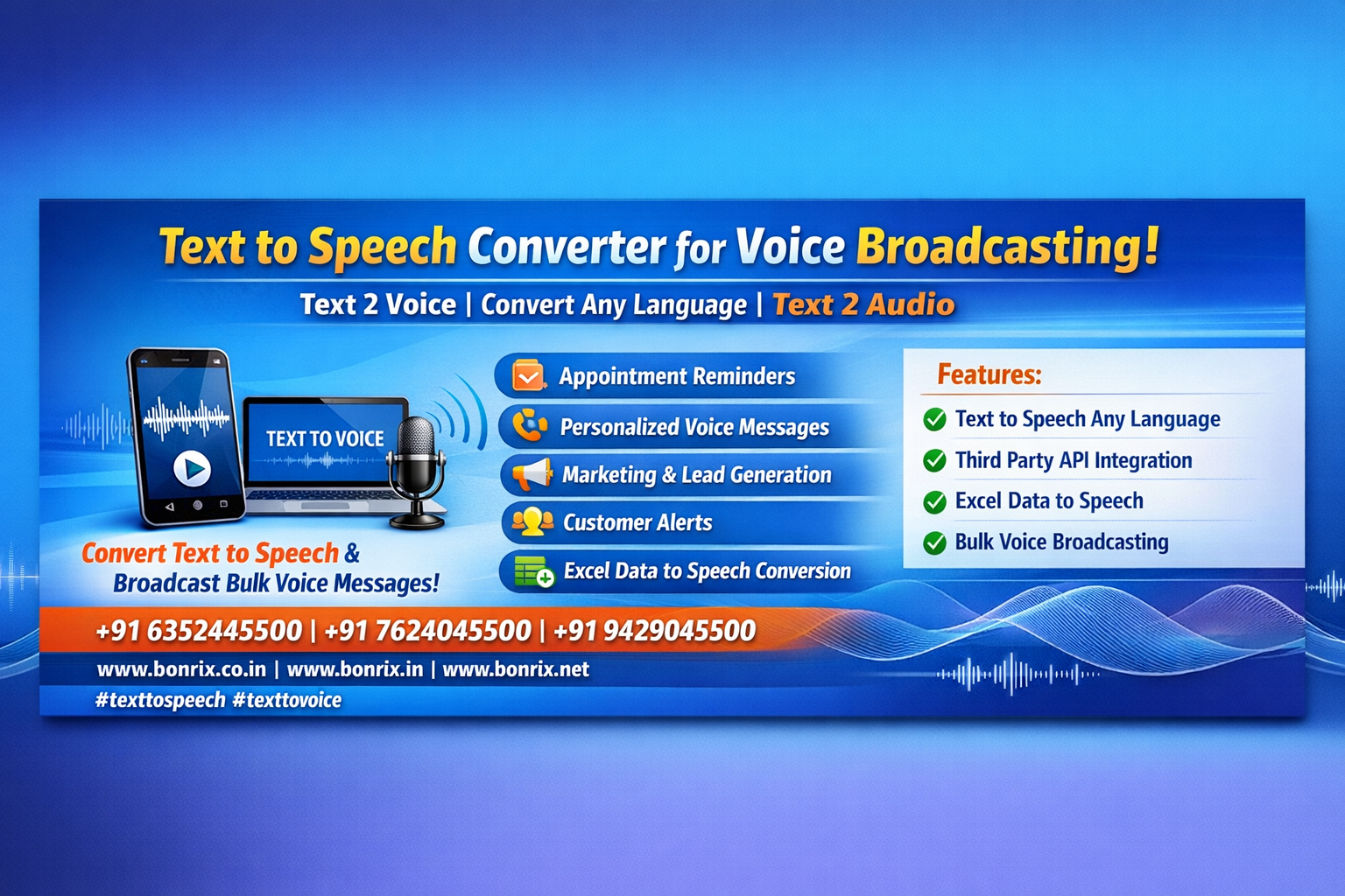 Bonrix Text to Speech Converter Dashboard with Excel Upload and Voice Broadcasting