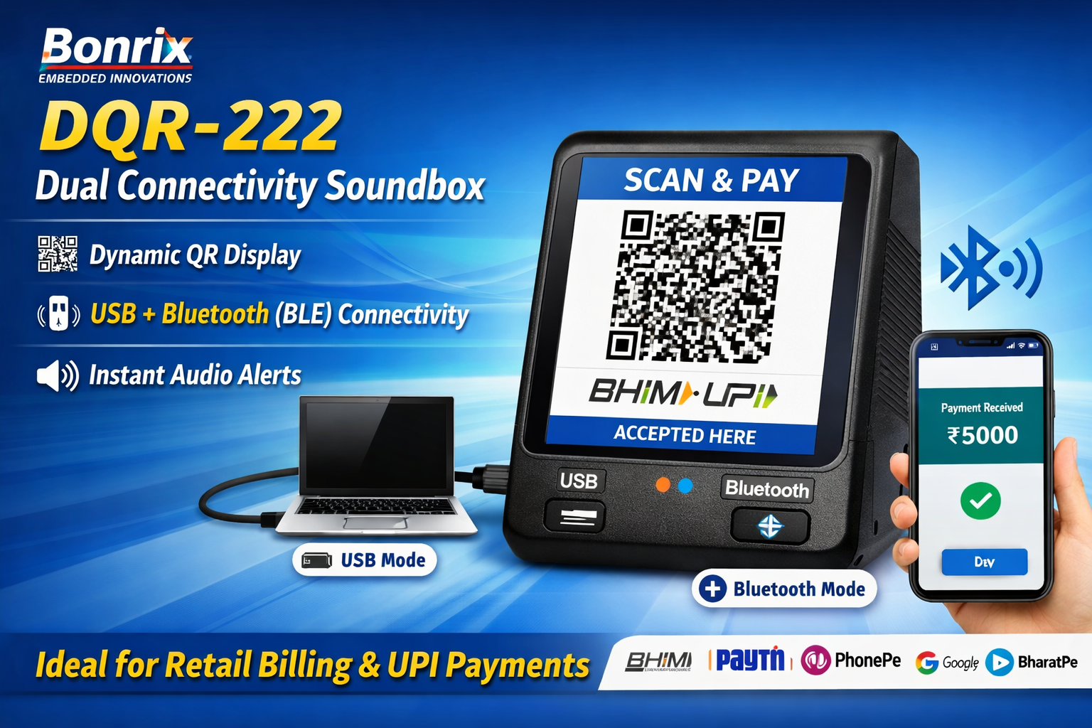 Bonrix DQR-222 Dual Connectivity USB and BLE Dynamic QR Payment Soundbox