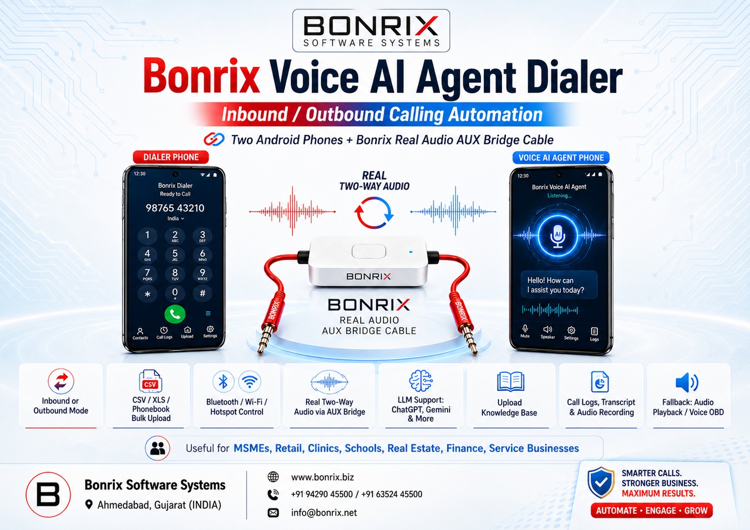 Bonrix Voice AI Agent Dialer (Inbound & Outbound) + Bonrix Real Audio AUX Bridge Cable — An All-in-One, Budget-Friendly Voice-AI Telephony Solution for Indian MSMEs