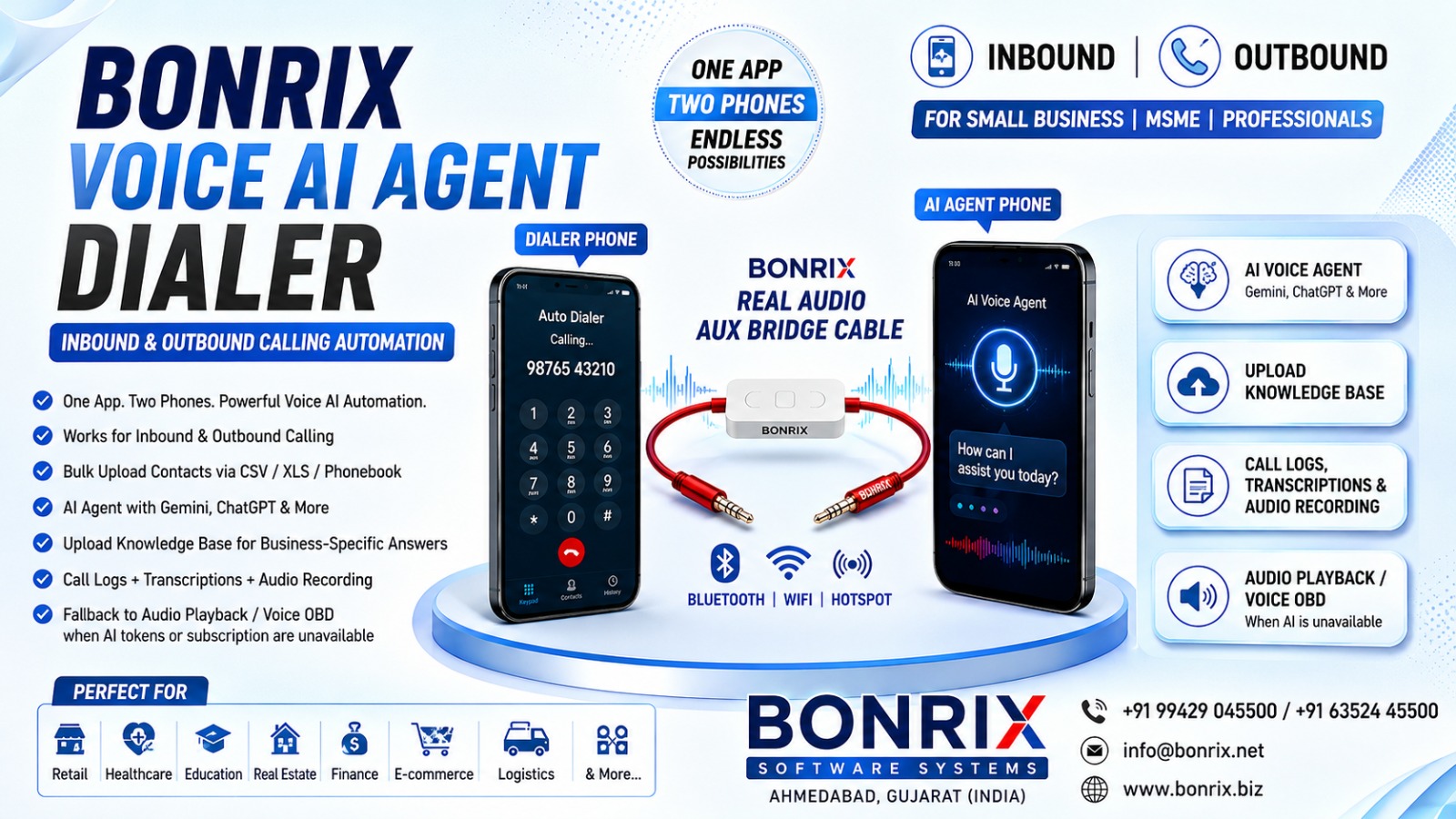 Bonrix Voice AI Agent Dialer (Inbound & Outbound) + Bonrix Real Audio AUX Bridge Cable — An All-in-One, Budget-Friendly Voice-AI Telephony Solution for Indian MSMEs