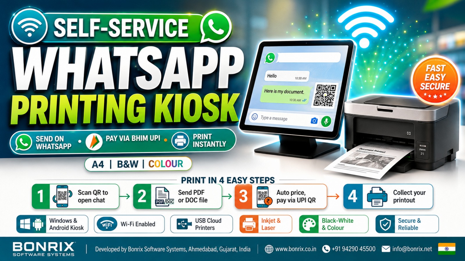 Bonrix WhatsApp Document Printing Kiosk with BHIM UPI Payment